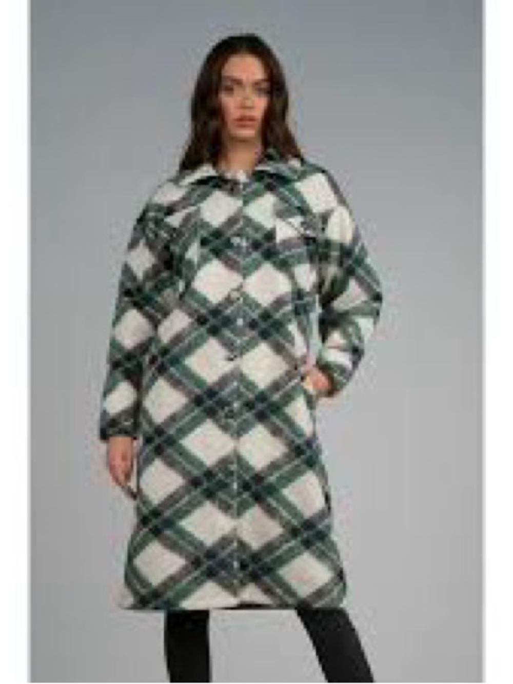 Green & White Plaid Longline Trench Coat